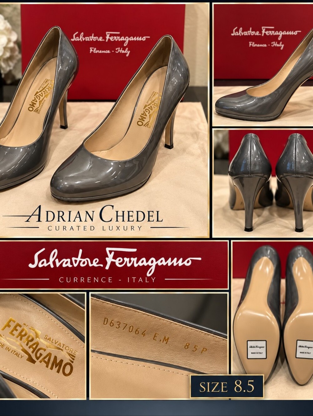 Salvatore Ferragamo Gray Patent Leather Pumps